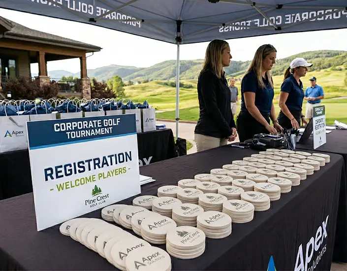 Corporate golf tournament registration table with stacks of custom branded pulpboard coasters displayed for players at a golf course event.