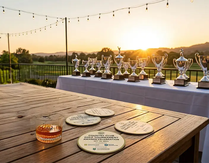 Country club golf tournament awards celebration at sunset with trophies and commemorative custom pulpboard coasters on patio table.