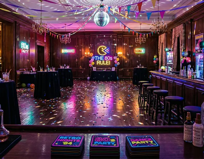 Country club 80s themed party with neon decor and custom retro pulpboard coasters displayed on the bar.