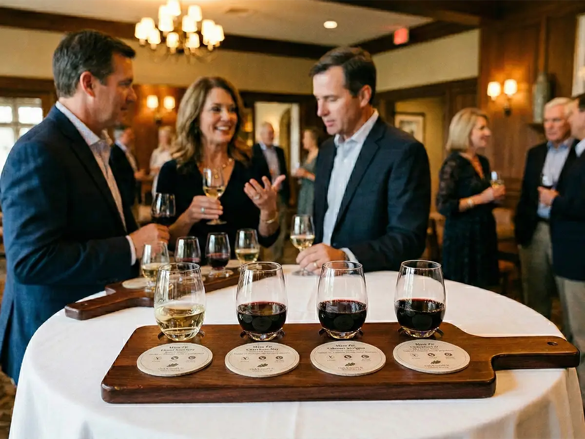 Country club wine tasting event with members sampling wine flights on custom printed pulpboard coasters inside an elegant clubhouse.