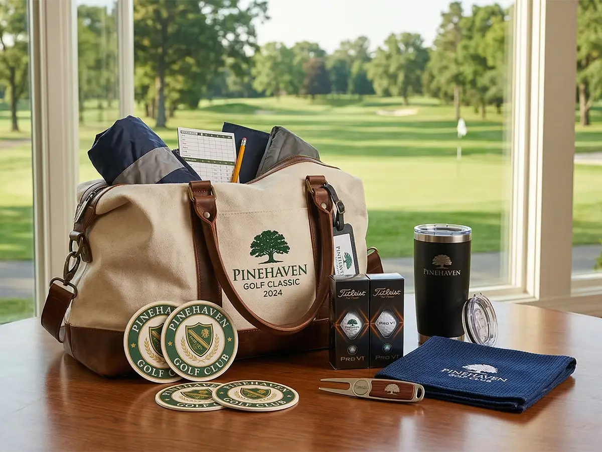 Golf tournament giveaway set including branded tote bag, custom pulpboard coasters, golf balls, tumbler, and towel at a clubhouse overlooking the course.