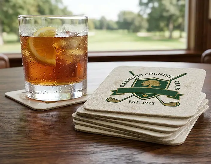 Stack of custom pulpboard coasters with country club logo beside a drink on a clubhouse table overlooking a golf course.