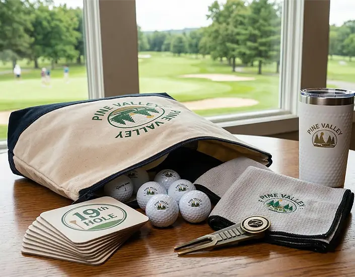 Golf tournament swag bag with logo golf balls, divot repair tool, towel, tumbler, and custom 19th hole pulpboard coasters.