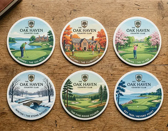 Custom country club coaster collection featuring seasonal golf course illustrations and clubhouse landmarks displayed on a wooden table.