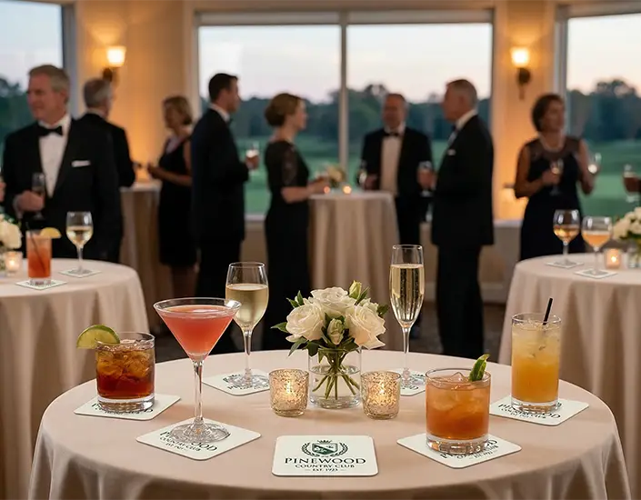 Elegant country club event reception with cocktails placed on branded custom coasters at decorated tables during a social gathering.