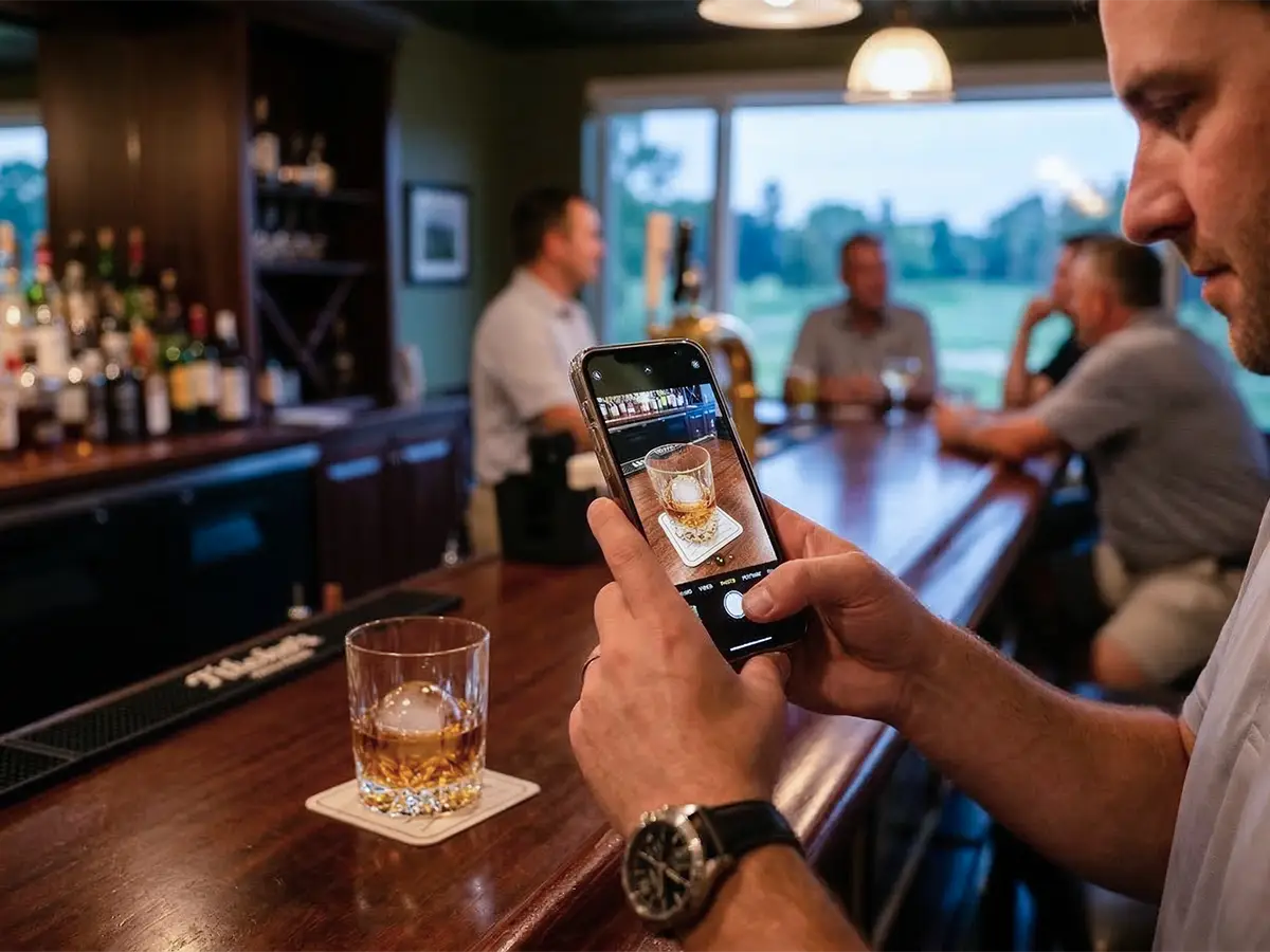 Golf club member photographing a drink on a custom coaster at the clubhouse bar, capturing a social media moment.