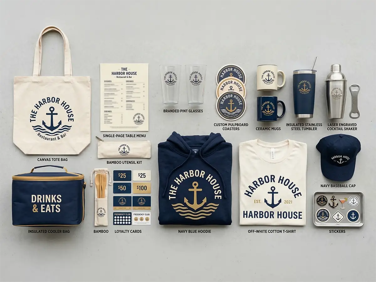 Assorted restaurant promotional items including custom coasters, branded drinkware, apparel, tote bags, and loyalty cards arranged in a flat lay.