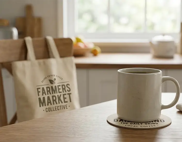 Coffee mug on custom coaster with branded tote bag in a home kitchen setting showing everyday promotional product use.