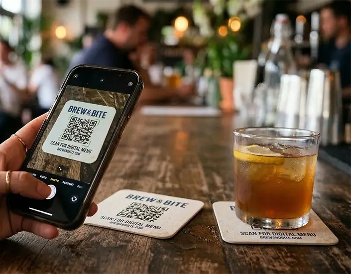 Customer scanning QR code on branded coaster at a bar table with drink, demonstrating interactive restaurant marketing.