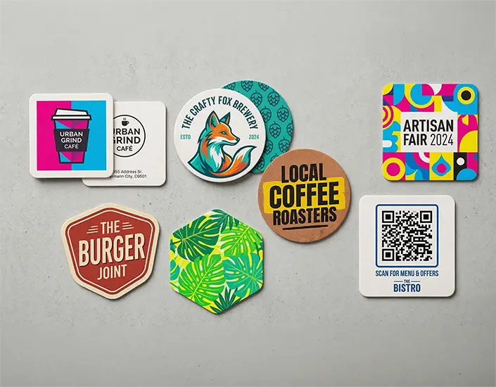 Variety of custom pulpboard coasters with different shapes, colors, and QR code designs.