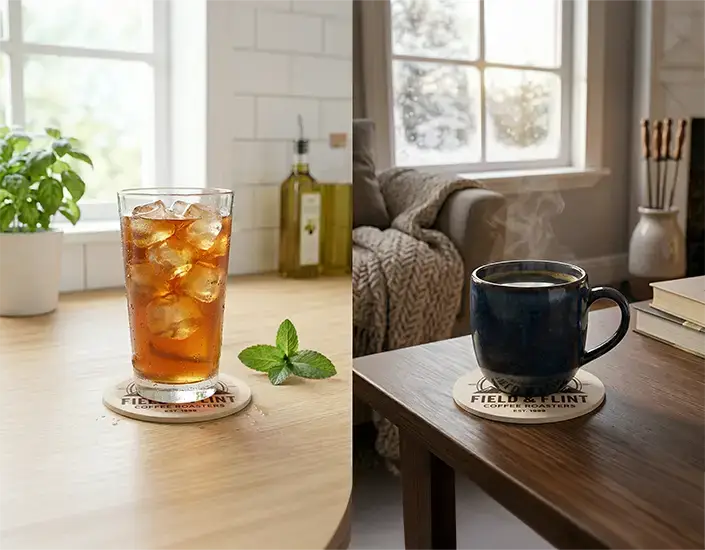 Custom HVAC branded pulpboard coasters used with iced drink in summer and hot coffee in winter on home tables