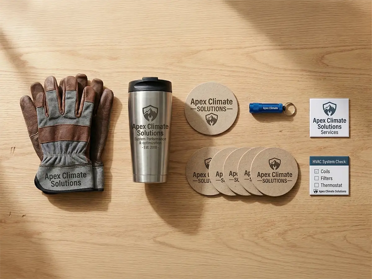 HVAC promotional items including branded coasters, insulated mug, gloves, flashlight keychain and service magnet on work surface