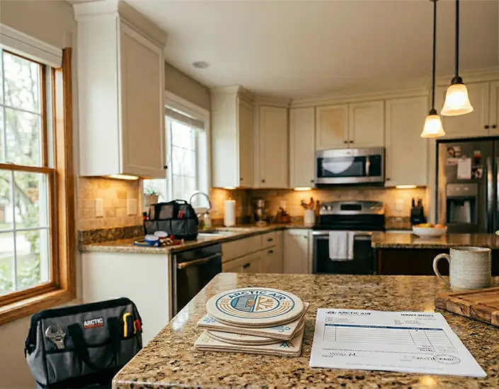 Stack of branded HVAC coasters on kitchen counter next to service invoice after completed home service call