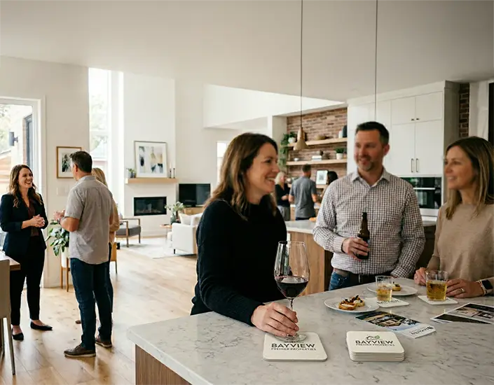 Open house gathering with guests holding drinks on branded coasters in a bright modern home interior
