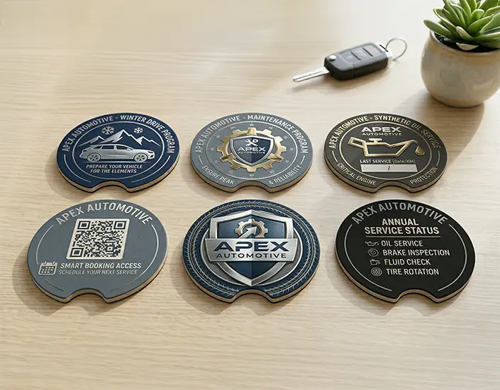 Automotive-themed cup holder coasters with maintenance reminders, QR code booking, and seasonal service designs on a desk.