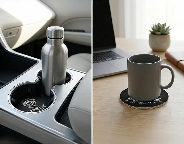 Branded automotive coasters used in a car cup holder and under a coffee mug on an office desk.