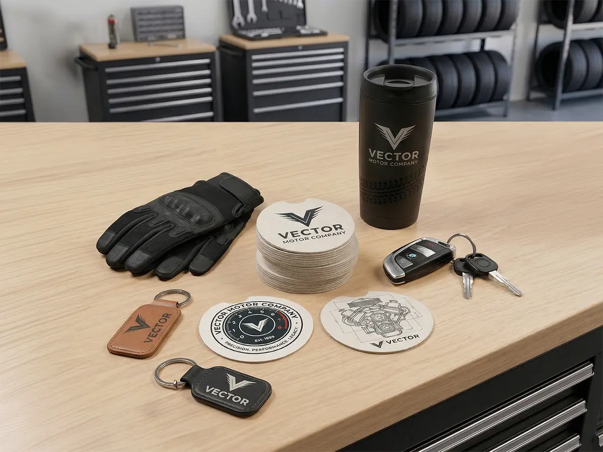 Auto repair promotional items including branded coasters, keychains, travel mug, gloves, and car keys on a workbench.