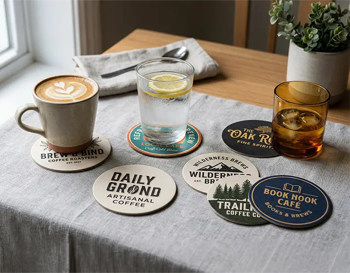 Custom pulpboard coasters with coffee, water, and cocktail drinks arranged on a table showing multiple branding designs.