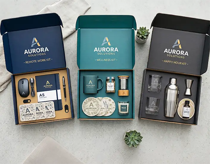 Three promotional product kits featuring custom coasters, drinkware, and accessories arranged in branded gift boxes.