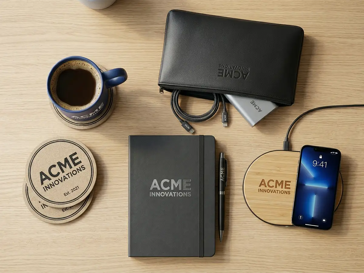 Branded desk setup with notebook, charging pad, tech accessories, coffee mug, and custom pulpboard coasters.
