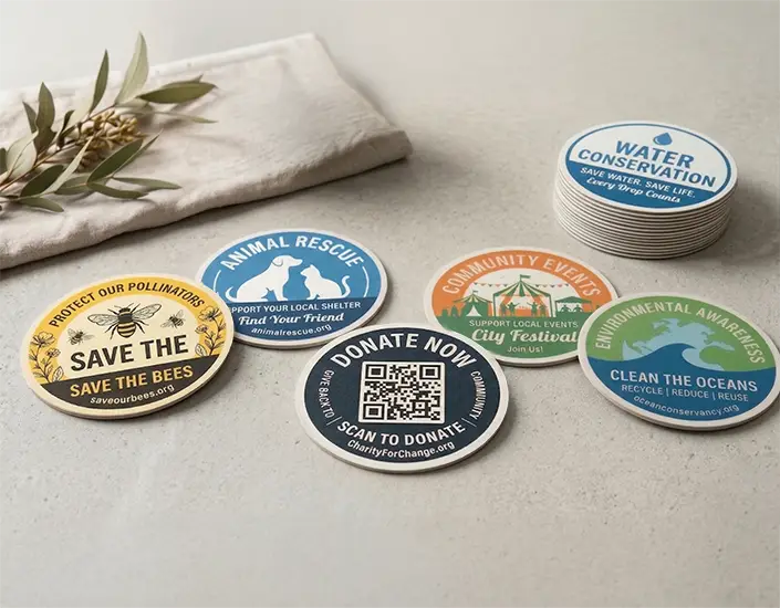 Nonprofit-themed custom pulpboard coasters featuring environmental, animal rescue, donation, and community event designs arranged on tabletop