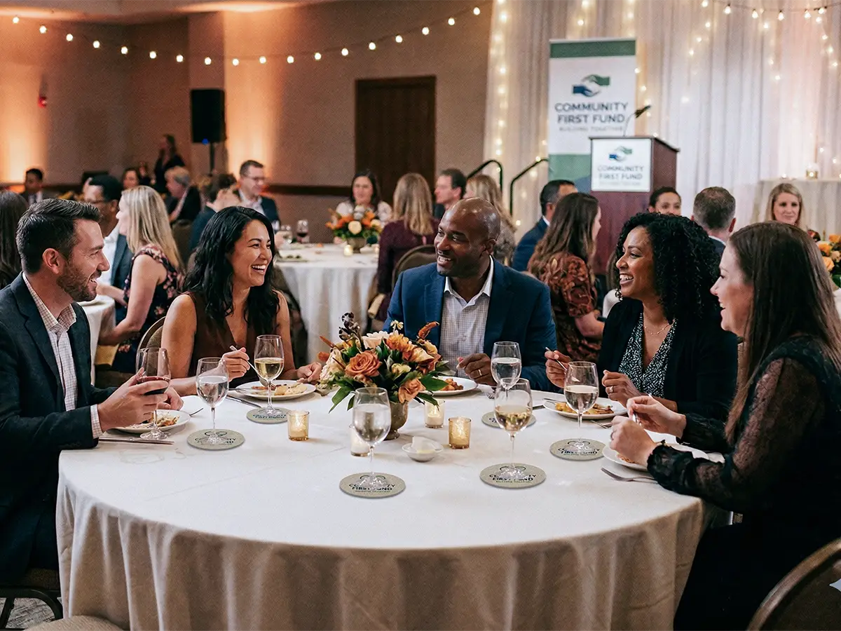 Guests at a nonprofit fundraising gala seated at round table with drinks placed on branded promotional coasters