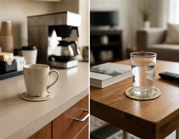 Custom nonprofit coasters used in office break room and home living room settings with coffee mug and water glass