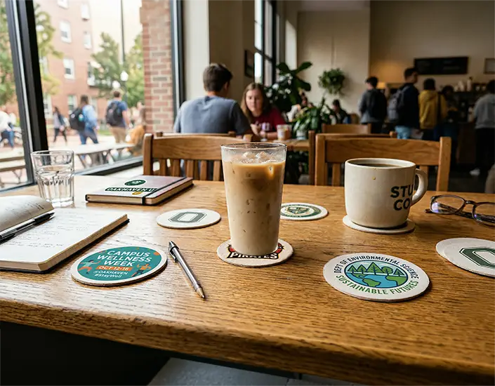 College students studying in a modern campus library with laptops, drinks, and thin branded university coasters on table