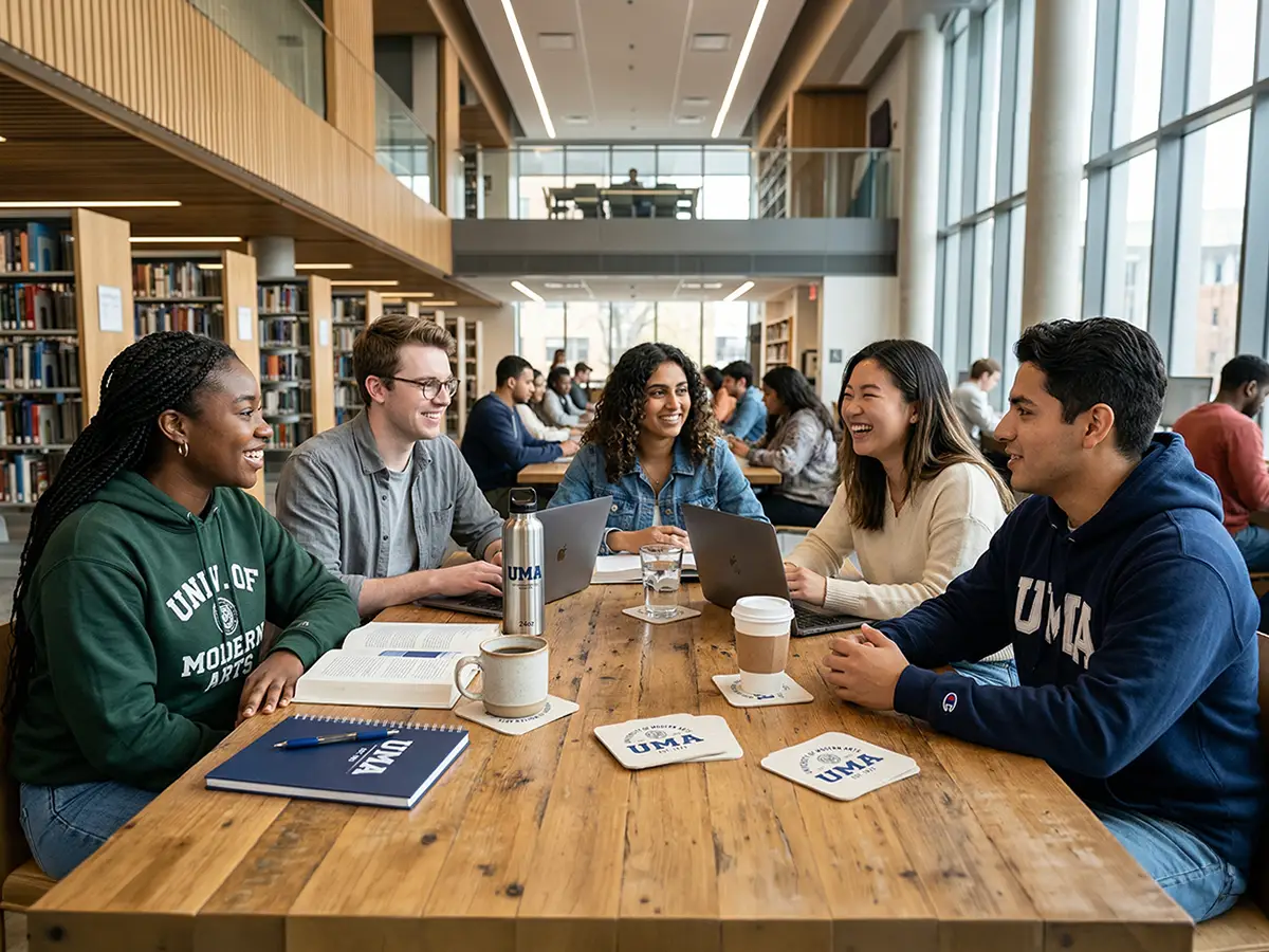 College students studying in a modern campus library with laptops, drinks, and branded university coasters on table