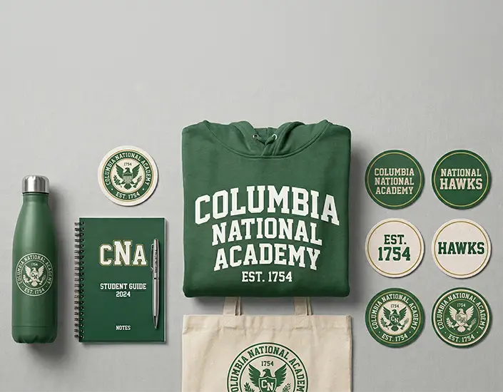 College promotional items including hoodie, water bottle, notebook, tote bag, and custom university coasters in school colors