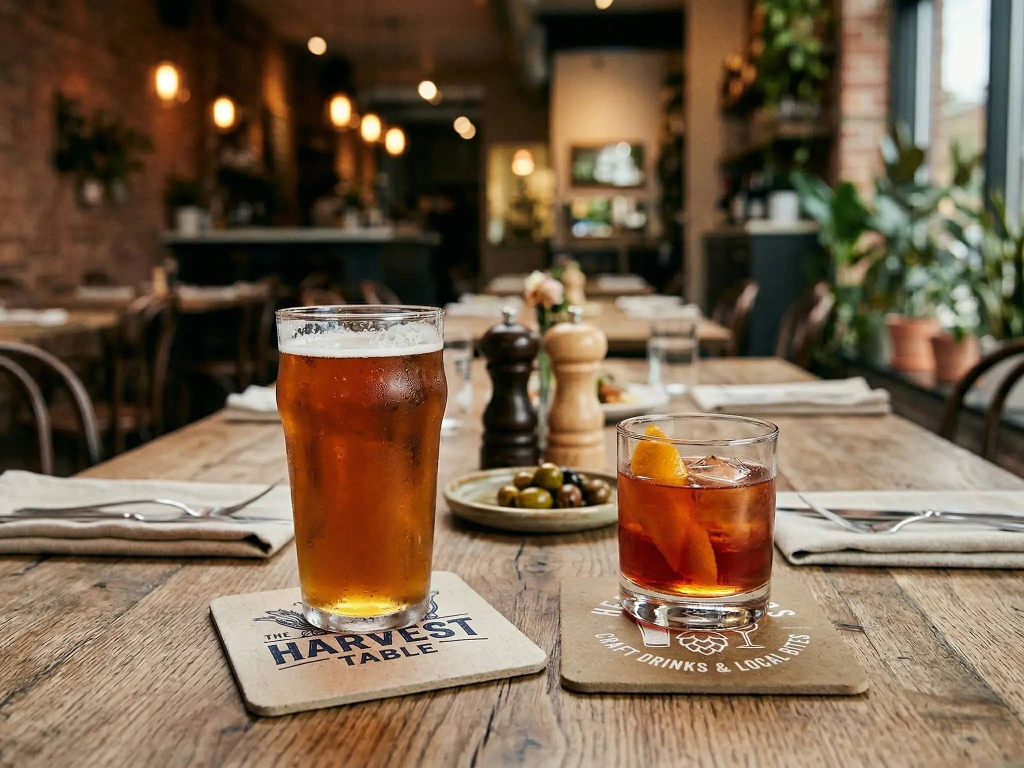 Restaurant drinks on custom pulpboard coasters showing branded marketing at a dining table