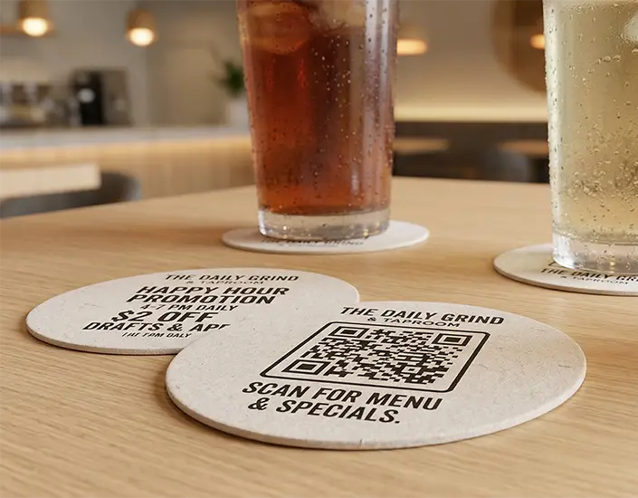 Custom restaurant coasters with QR code and happy hour promotion on table with drinks