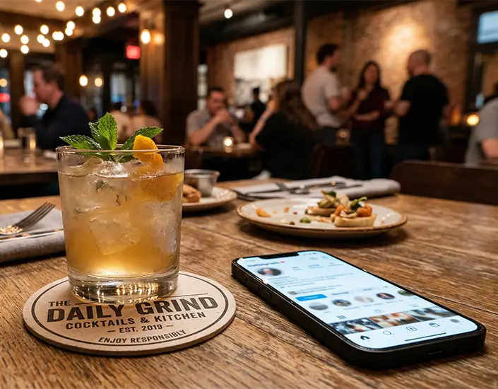 Cocktail on branded restaurant coaster with smartphone showing social media in busy restaurant
