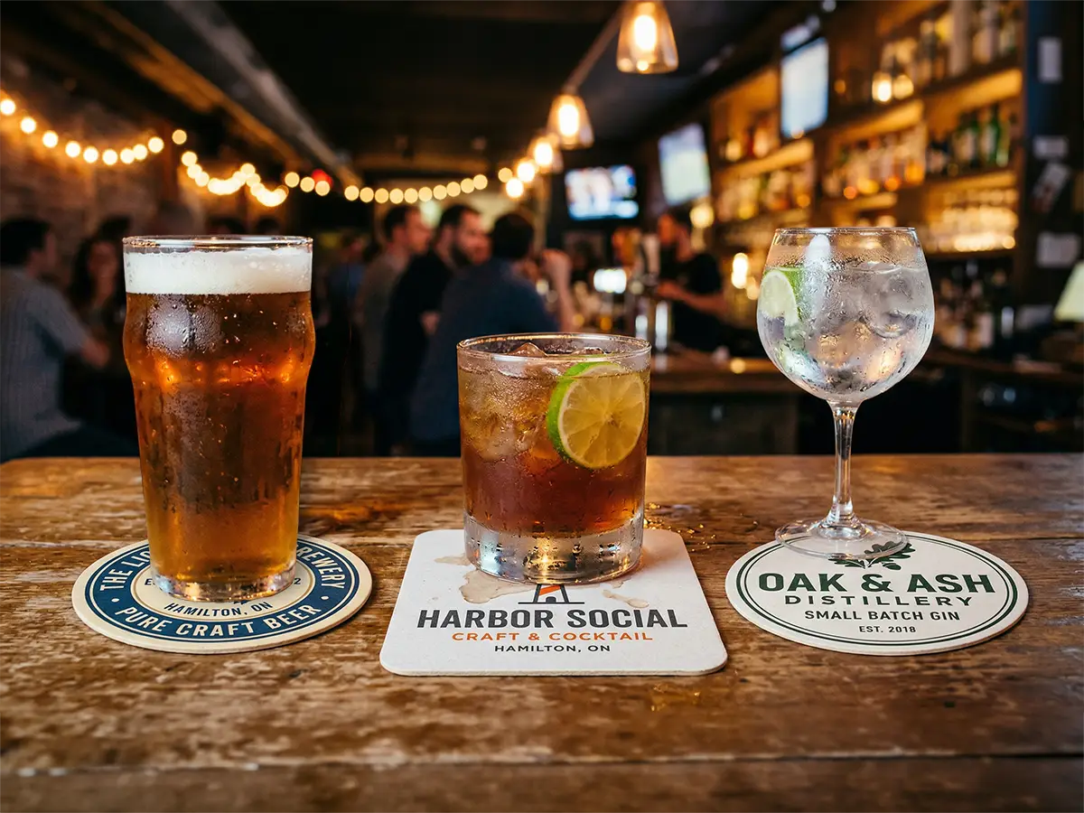 Custom bar coasters under beer, cocktail, and gin drinks on a busy bar table during a lively night