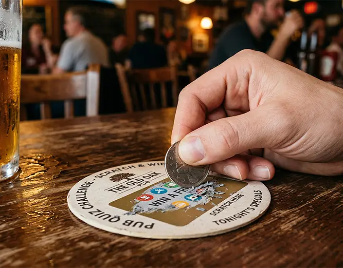 Hand scratching promotional scratch-and-win coaster on bar table beside beer glass