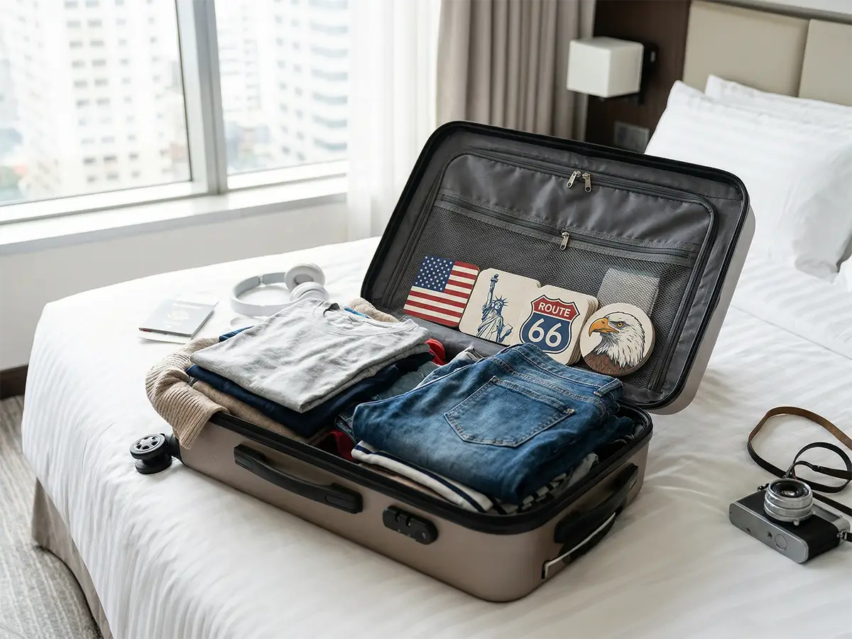 Open suitcase on hotel bed with clothing and travel items, featuring travel-themed coasters tucked into the pocket for easy packing.