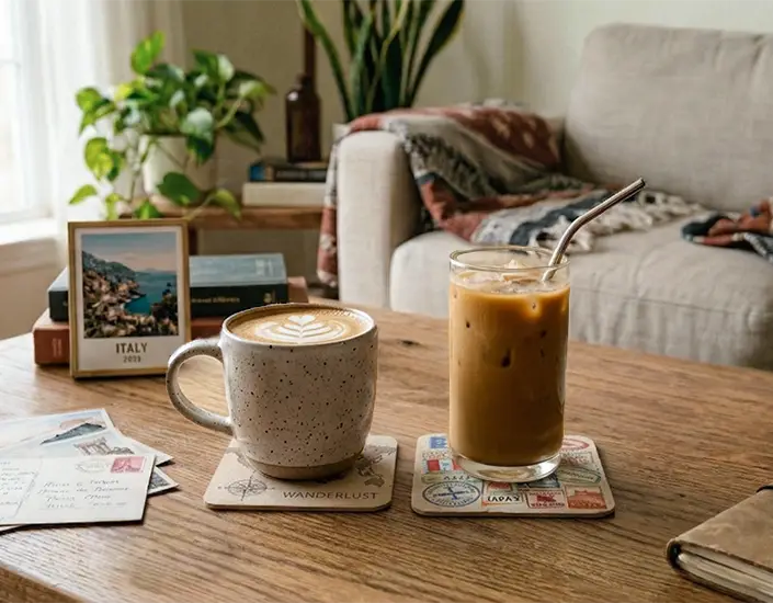 Coffee and iced drink on travel-themed coasters on a home coffee table with postcards and framed vacation photo.