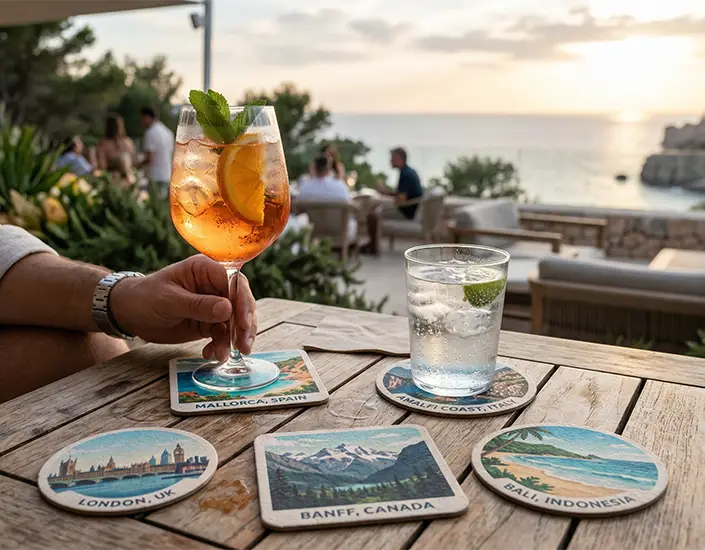 Drinks on destination-themed coasters at seaside resort patio featuring Mallorca, Amalfi Coast, London, Banff, and Bali.
