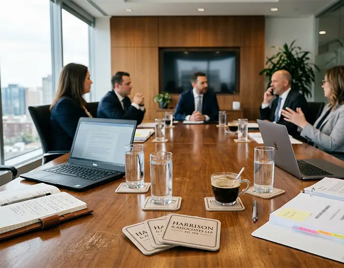 Law firm conference room meeting with water glasses and coffee on branded pulpboard coasters on a wooden boardroom table