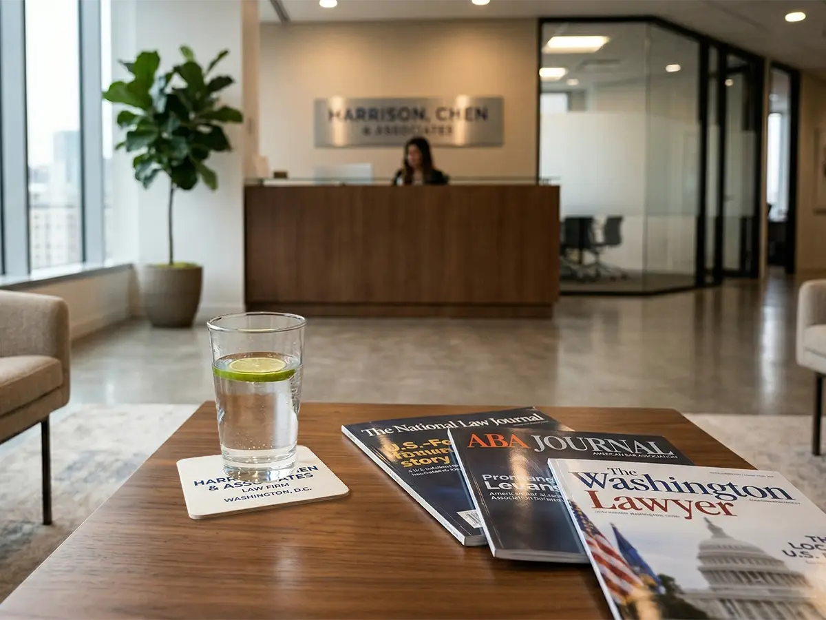 Law firm reception area table with legal magazines and water glass on branded pulpboard coaster