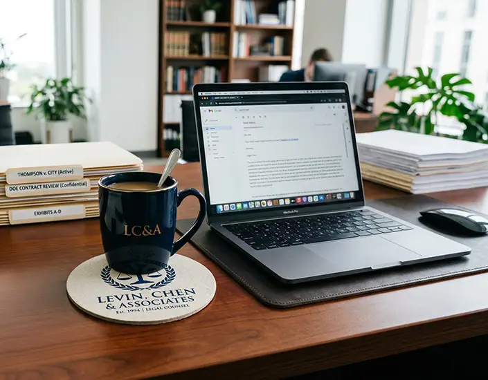 Attorney office desk with laptop, legal files, and coffee mug placed on branded pulpboard coaster