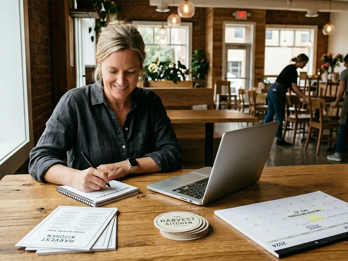 Restaurant owner planning a grand opening at a wooden table with laptop, calendar, menus, and stacked custom pulpboard coasters in a restaurant setting.