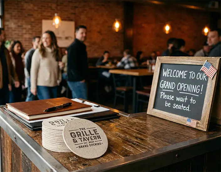 Restaurant host stand with the Grand Opening welcome sign, stacked custom pulpboard coasters, and guests waiting in a busy restaurant background.