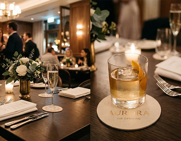 Elegant restaurant VIP opening event with cocktails placed on custom pulpboard coasters and guests dining in a warm upscale setting.