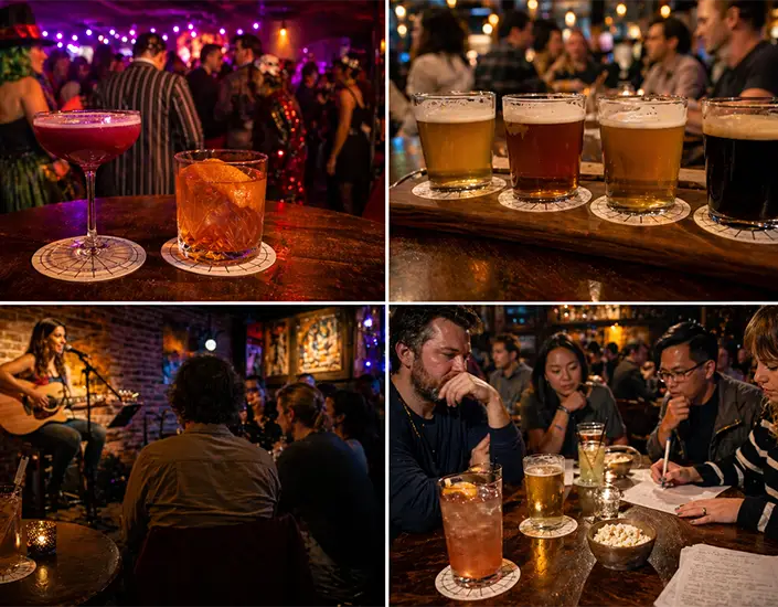 Bar event scenes including themed party, beer tasting, live music, and trivia night with drinks on pulpboard coasters.