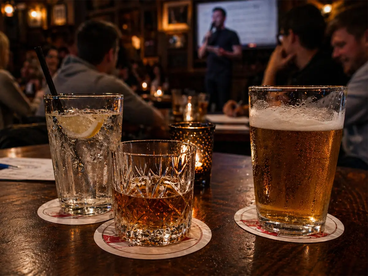 Drinks on pulpboard coasters in foreground with trivia night and host blurred in background.