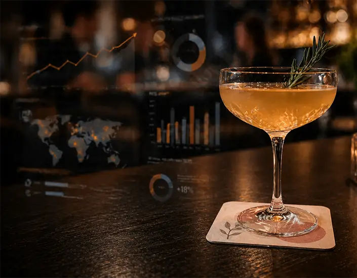 Cocktail on a pulpboard coaster with subtle analytics overlay, representing bar sales growth and promotional performance.