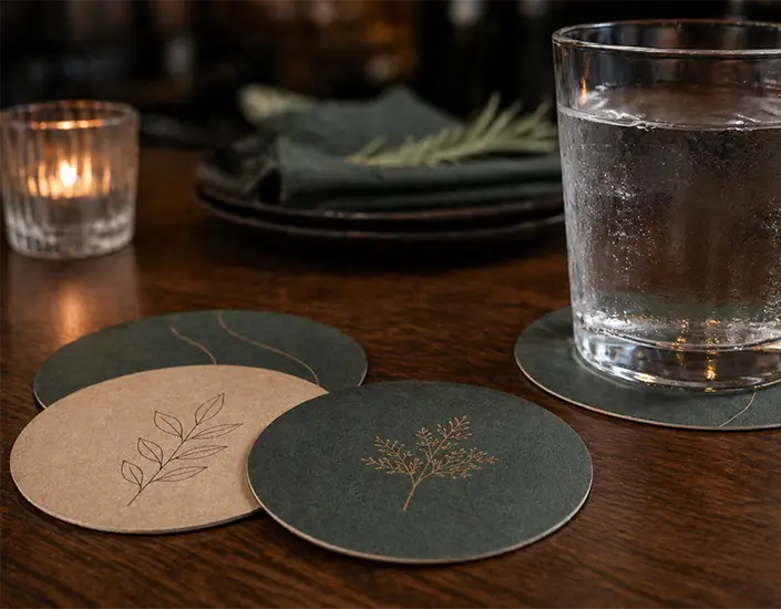 Pulpboard coasters under a water glass with subtle botanical designs in a restaurant setting.