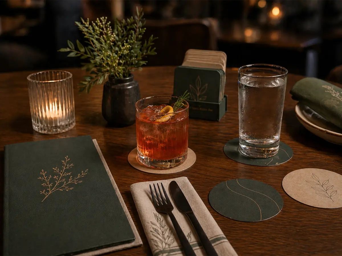 Custom pulpboard coasters on a restaurant table with drinks, menu, and matching branding elements.