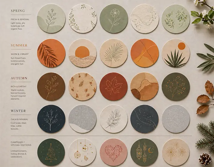 Seasonal coaster design collection showing consistent branding across spring, summer, autumn, and winter themes.